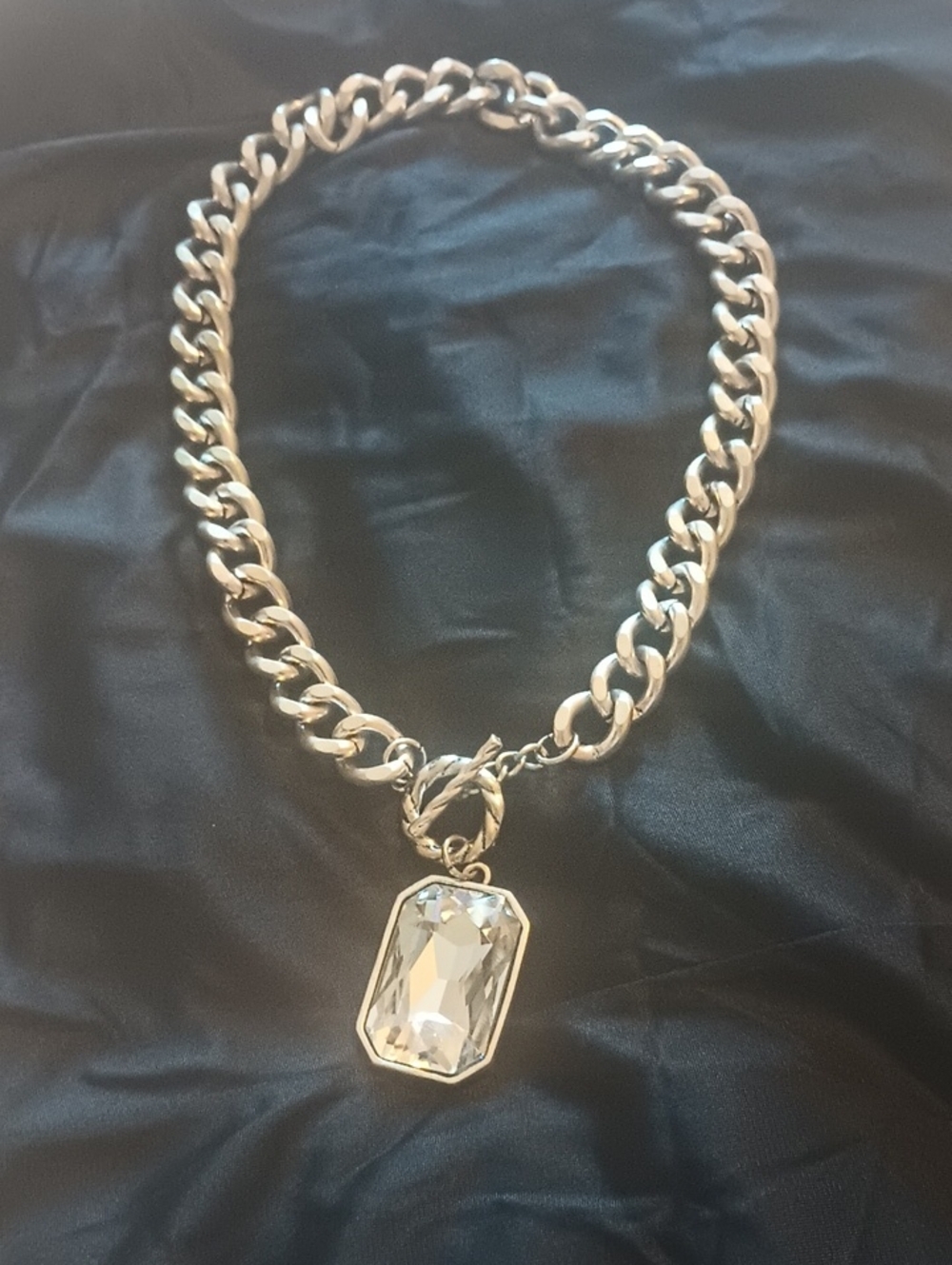 Traci Lynn Silver-Tone Curb Chain Necklace with Clear Crystal Pendant